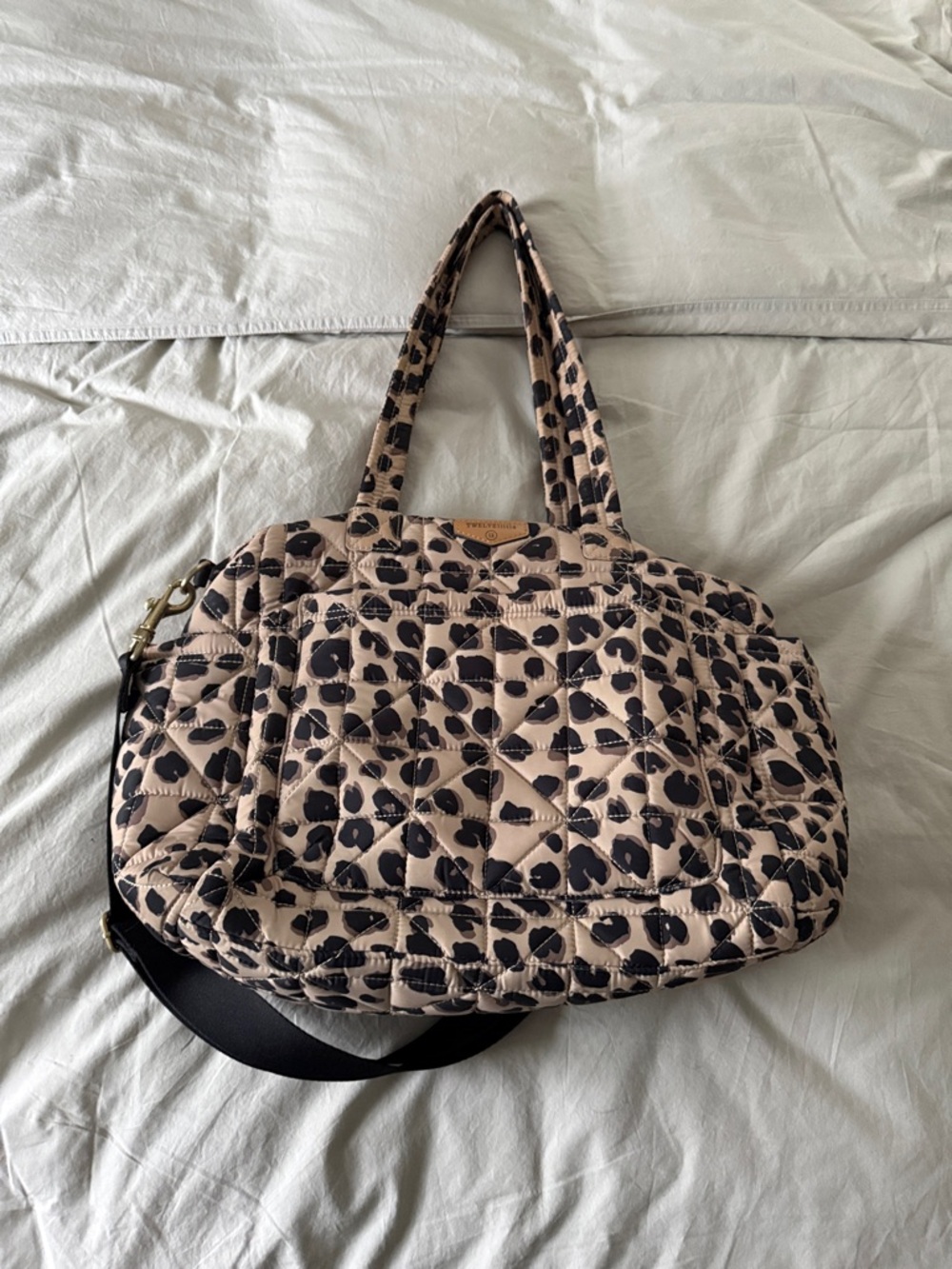 Quilted Leopard Print Diaper bag in Beige and Black